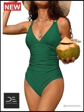 Tummy Control One Piece Swimsuit Ruched V Neck Monokini Plus Size